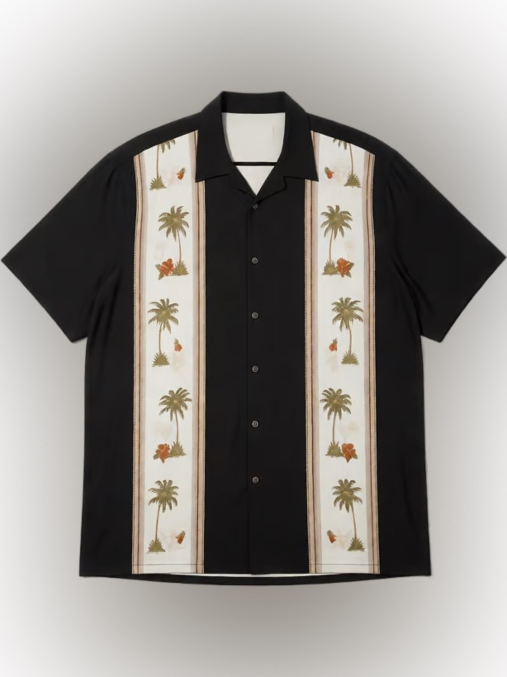 Men's Black Short-Sleeve Tropical Panel Button-Down Shirt
